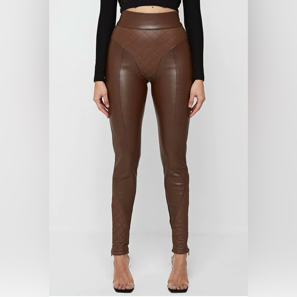 MANIERE DE VOIR Vegan Leather Quilted Leggings - Brown - Size US 6